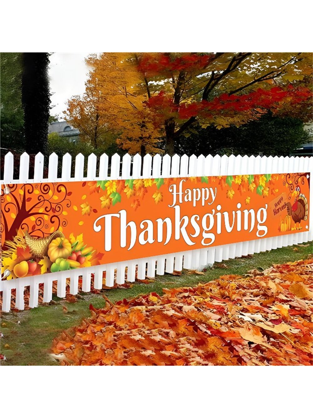 Large Happy Thanksgiving Banner Outdoor - 120x20" | Thanksgiving Fence Banner